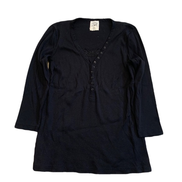 Chaus Organic Black Ribbed Henley Top with Lace & Button Detail, Size M - Picture 1 of 5